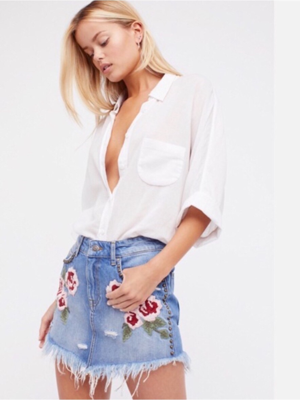 Free People Wild Rose embroidered denim skirt